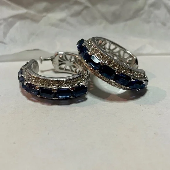 Silver-Toned Faux Blue Sapphire and Zirconia Hoop Earrings –Crystal Huggie Hoops - Picture 3 of 15